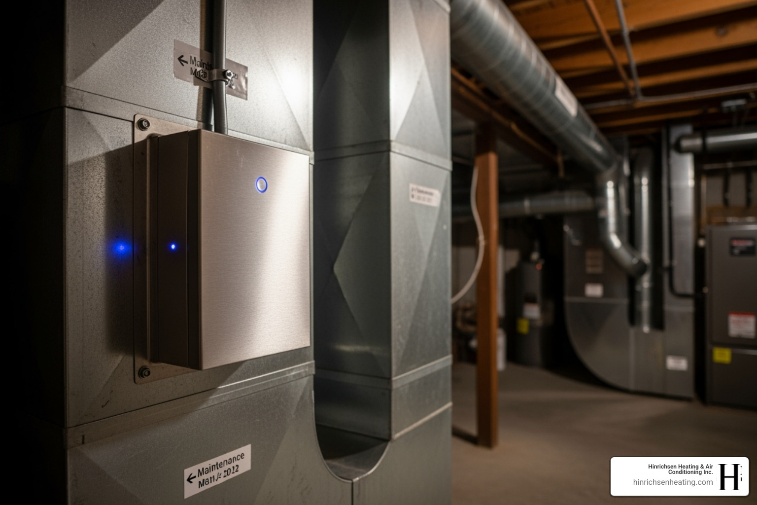 Image showing a discreet air purification unit integrated into the main ductwork of an HVAC system - air purifier installation peoria il