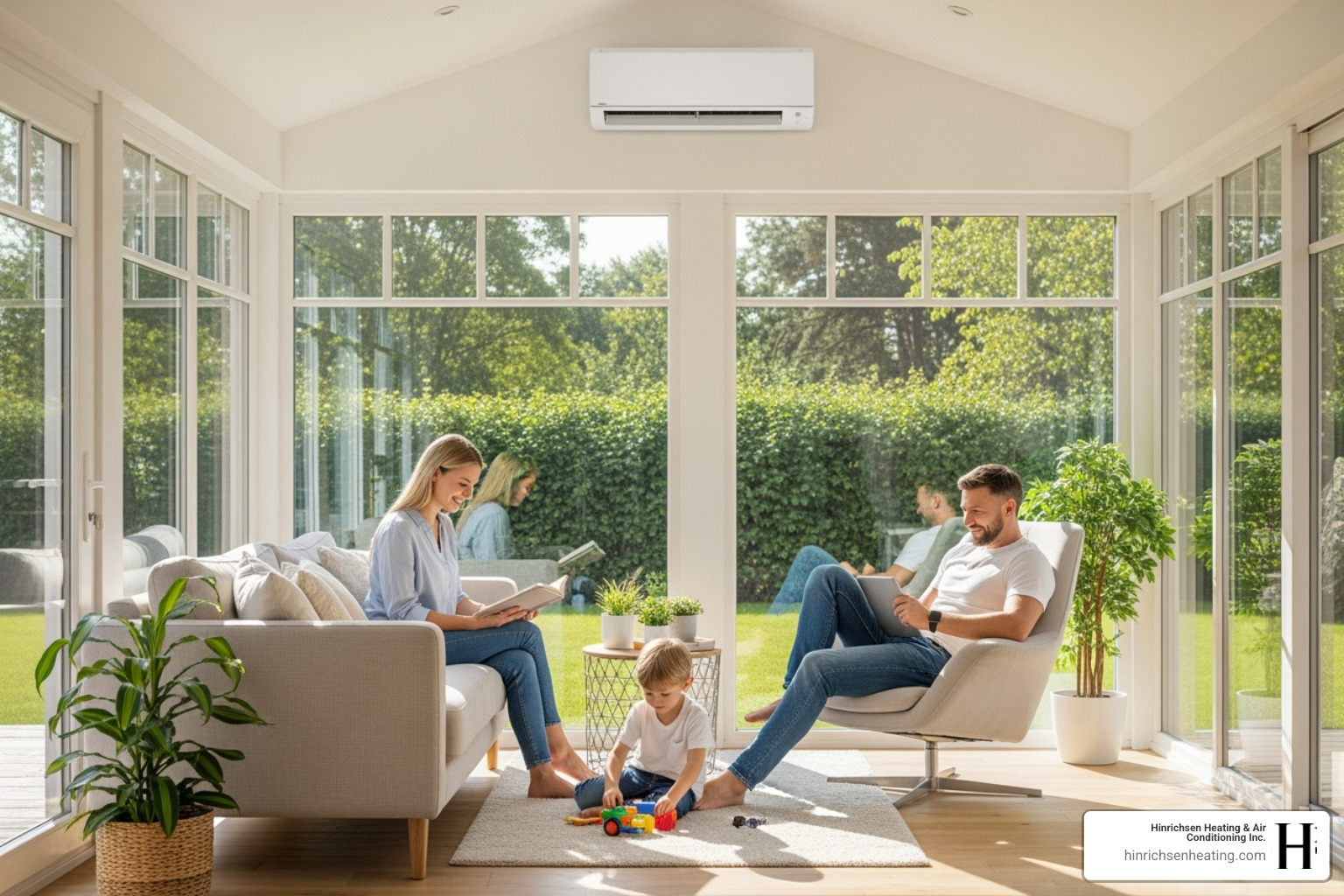 Family comfortably enjoying a sunroom cooled by a ductless unit - ductless ac for home addition bloomington il Family comfortably enjoying a sunroom cooled by a ductless unit - ductless ac for home addition bloomington il