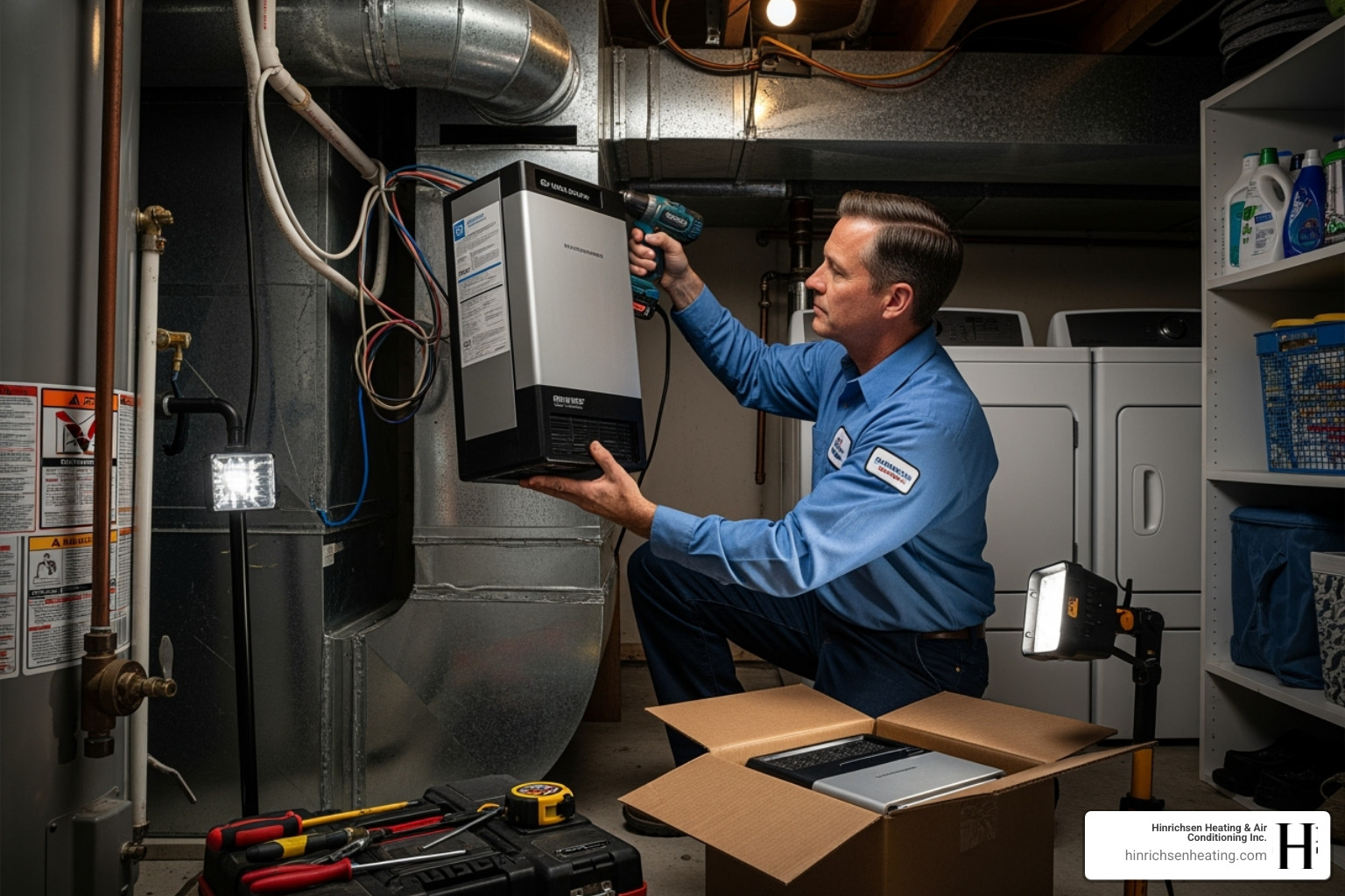 Image of a professional HVAC technician installing an air purification unit into the main return duct of a residential HVAC system - air purifier installation peoria il