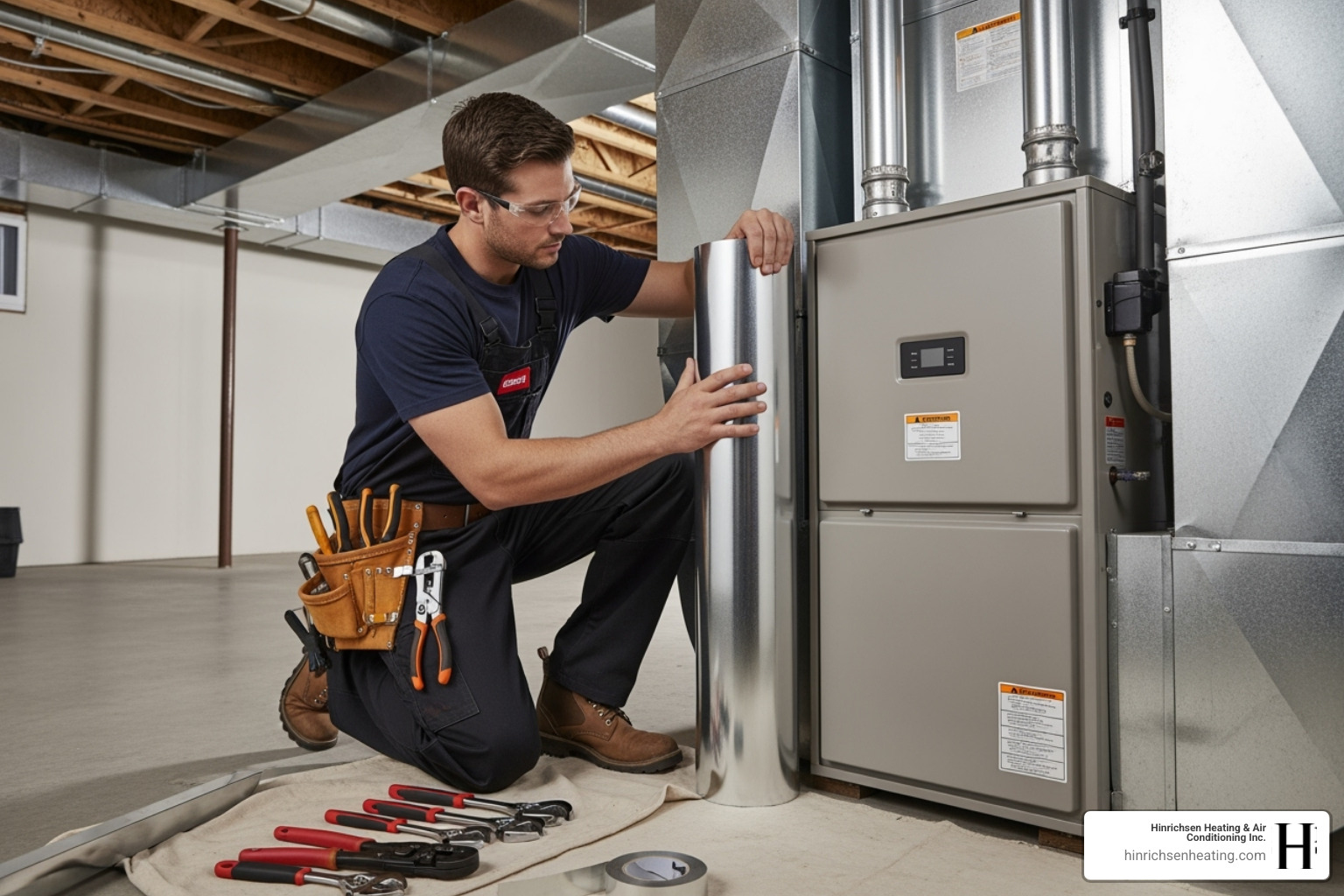 A certified HVAC technician carefully connecting ductwork to a new furnace unit during an installation, emphasizing professionalism and attention to detail - furnace installation peoria il A certified HVAC technician carefully connecting ductwork to a new furnace unit during an installation, emphasizing professionalism and attention to detail - furnace installation peoria il