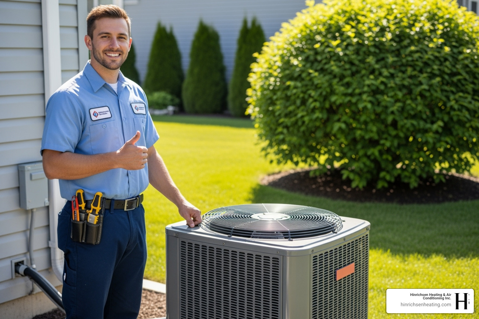 A friendly HVAC technician smiling and giving a thumbs up after successfully completing a service, symbolizing reliable and satisfactory service - service agreement offer peoria il A friendly HVAC technician smiling and giving a thumbs up after successfully completing a service, symbolizing reliable and satisfactory service - service agreement offer peoria il