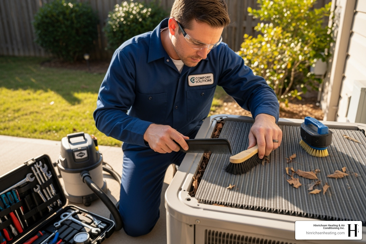 A skilled technician carefully inspecting and cleaning an outdoor air conditioning unit during a routine maintenance check, highlighting attention to detail - service agreement offer peoria il A skilled technician carefully inspecting and cleaning an outdoor air conditioning unit during a routine maintenance check, highlighting attention to detail - service agreement offer peoria il