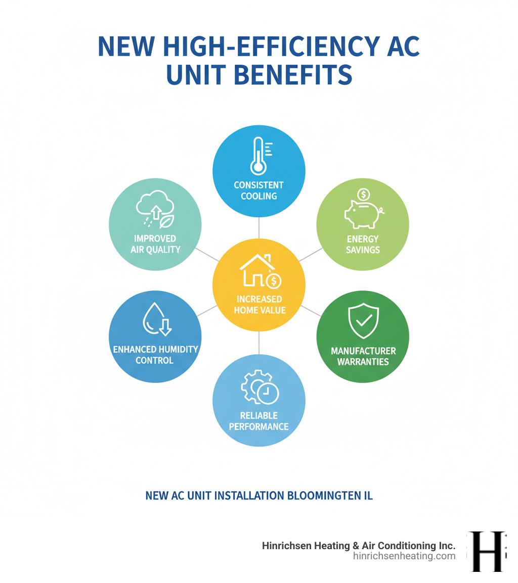 Infographic showing the comprehensive benefits of new high-efficiency AC unit installation including improved air quality, consistent cooling, energy savings, improved humidity control, increased home value, manufacturer warranties, and reliable performance - new ac unit installation bloomington il infographic  Infographic showing the comprehensive benefits of new high-efficiency AC unit installation including improved air quality, consistent cooling, energy savings, improved humidity control, increased home value, manufacturer warranties, and reliable performance - new ac unit installation bloomington il infographic