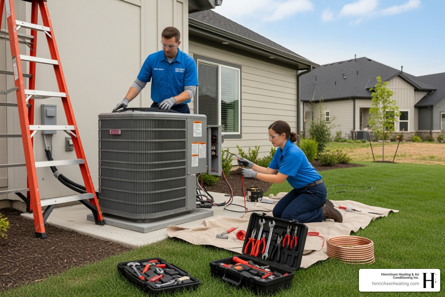 clean and organized installation site with technicians working - new ac unit installation bloomington il clean and organized installation site with technicians working - new ac unit installation bloomington il