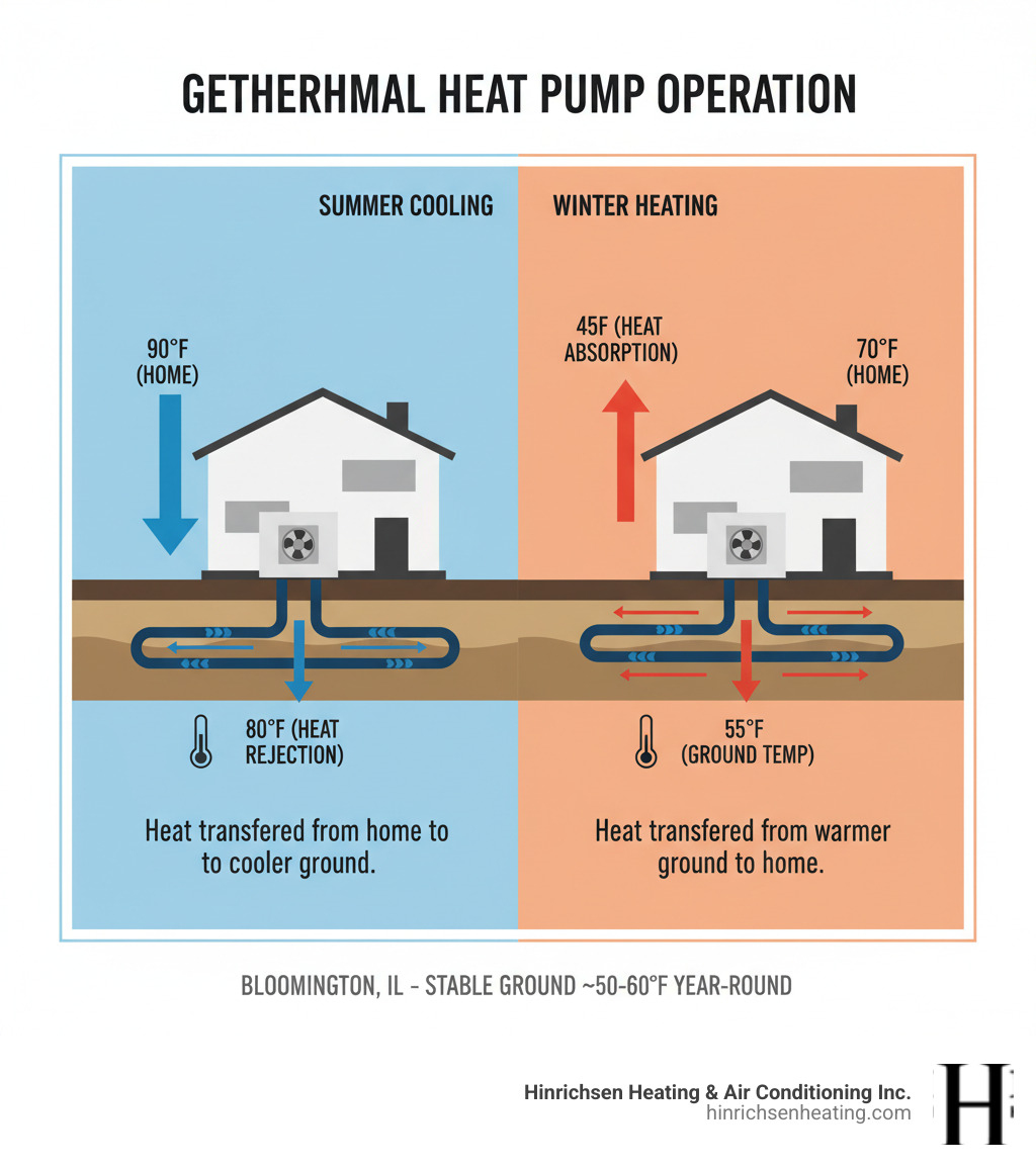 Infographic showing geothermal heat pump operation in summer and winter, with underground loop system transferring heat between home and stable ground temperatures, including arrows showing heat flow direction and temperature readings - replace geothermal loop bloomington il infographic  Infographic showing geothermal heat pump operation in summer and winter, with underground loop system transferring heat between home and stable ground temperatures, including arrows showing heat flow direction and temperature readings - replace geothermal loop bloomington il infographic
