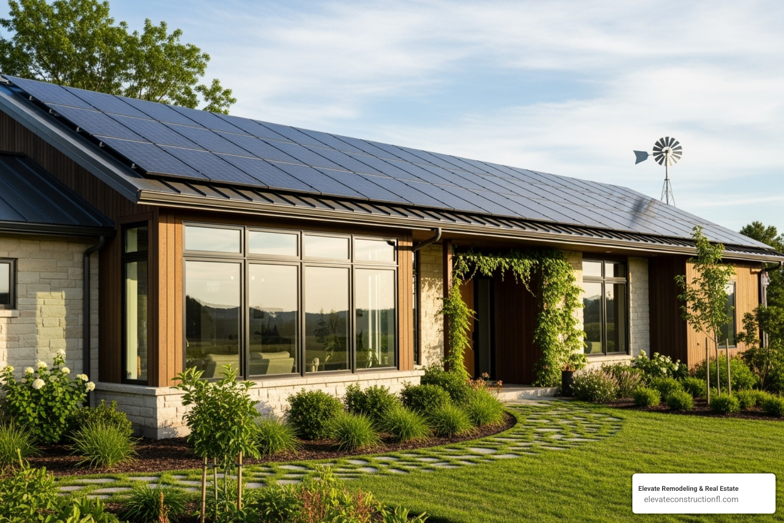 An energy-efficient home with solar panels on the roof and newly installed, modern windows, surrounded by green landscaping - home remodeling loans
