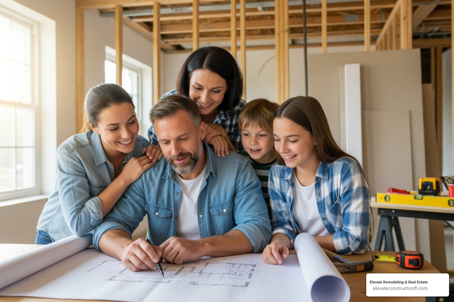 A family smiling as they look at plans for their home renovation project, with a partially constructed wall in the background - home remodeling loans