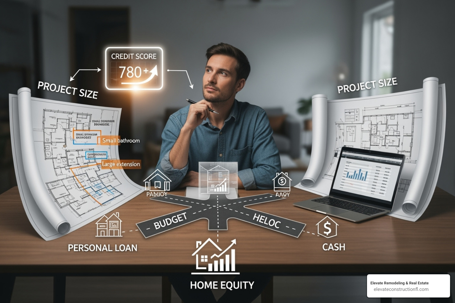 Flowchart guiding homeowners through choosing a renovation loan based on project size, credit score, and home equity - home remodeling loans