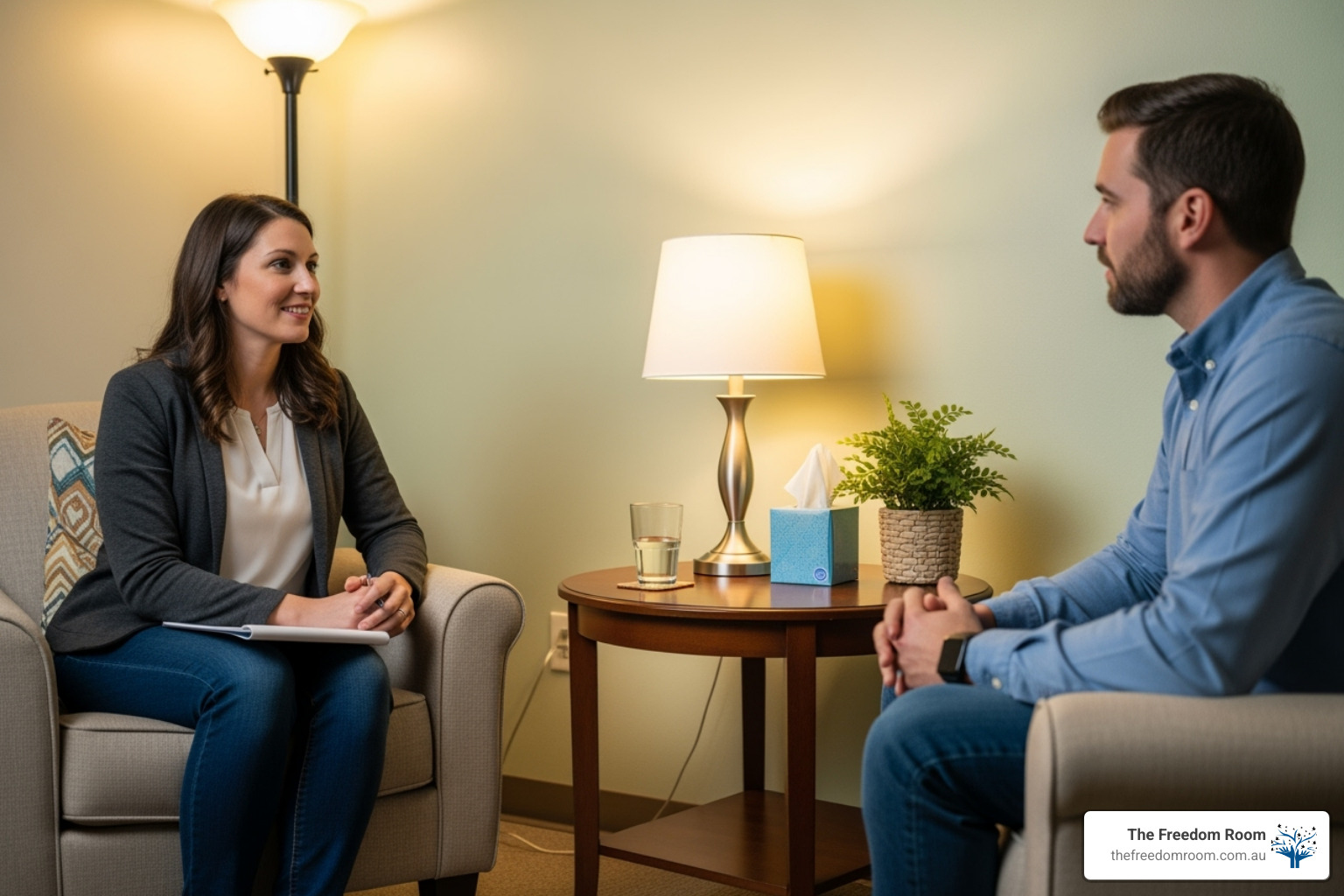 A one-on-one counselling session in a calm, supportive setting, focusing on empathetic listening and guidance - therapy for drinking problems