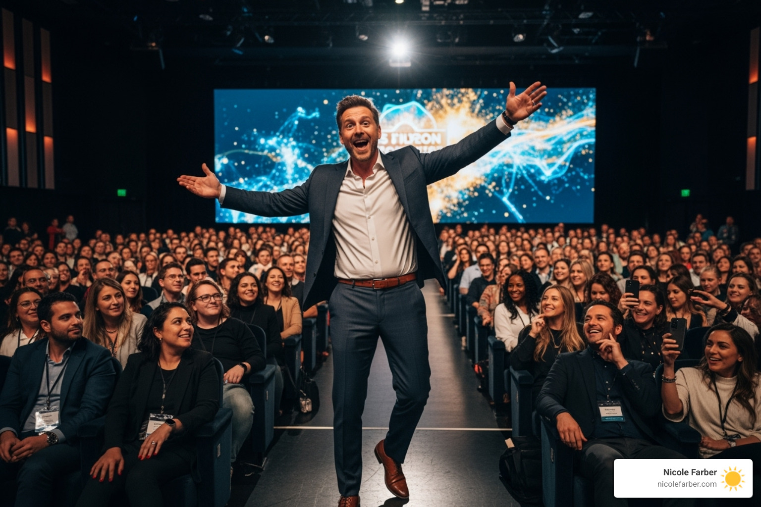 dynamic speaker on a stage with an engaged audience - entrepreneur motivational speakers