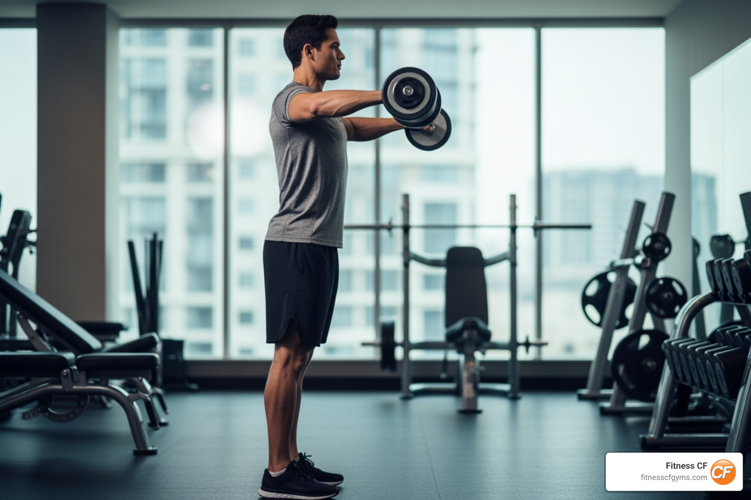 Person performing a lateral raise with dumbbells - gym workout for flabby arms