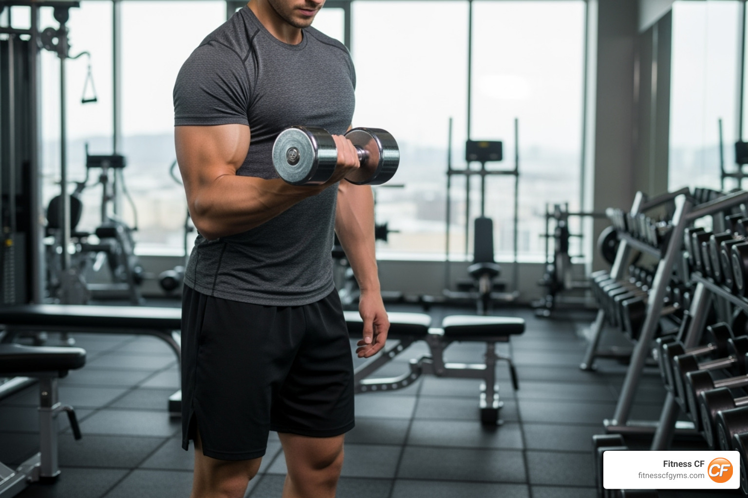 Person demonstrating proper bicep curl form with a dumbbell - gym workout for flabby arms