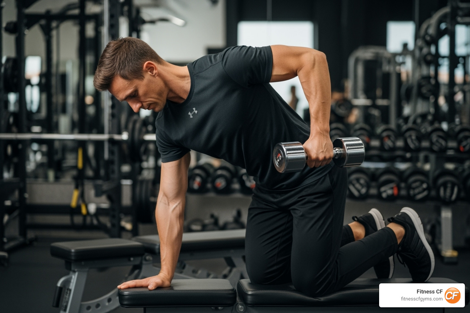 Person performing a triceps kickback with a dumbbell - gym workout for flabby arms