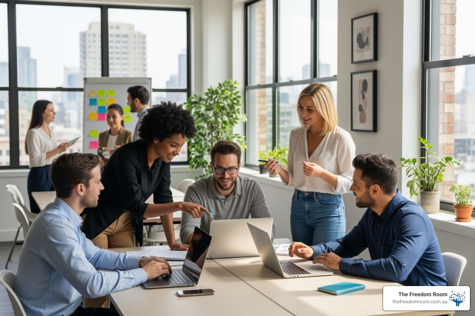 diverse team collaborating effectively and supportively in a modern office environment - workplace burnout prevention