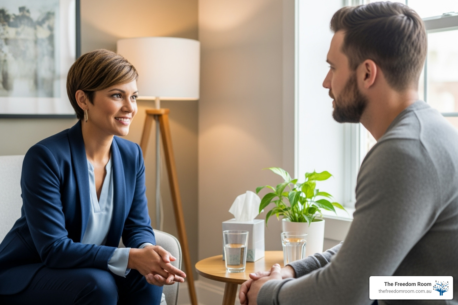 A professional therapist calmly speaks with a male client in a bright, modern office, representing a counselling session. - private counselling for alcohol addiction