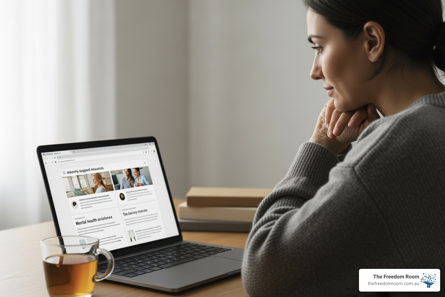 A woman sits at a desk, looking intently at a laptop screen that displays search results for "recovery support resources." - private counselling for alcohol addiction