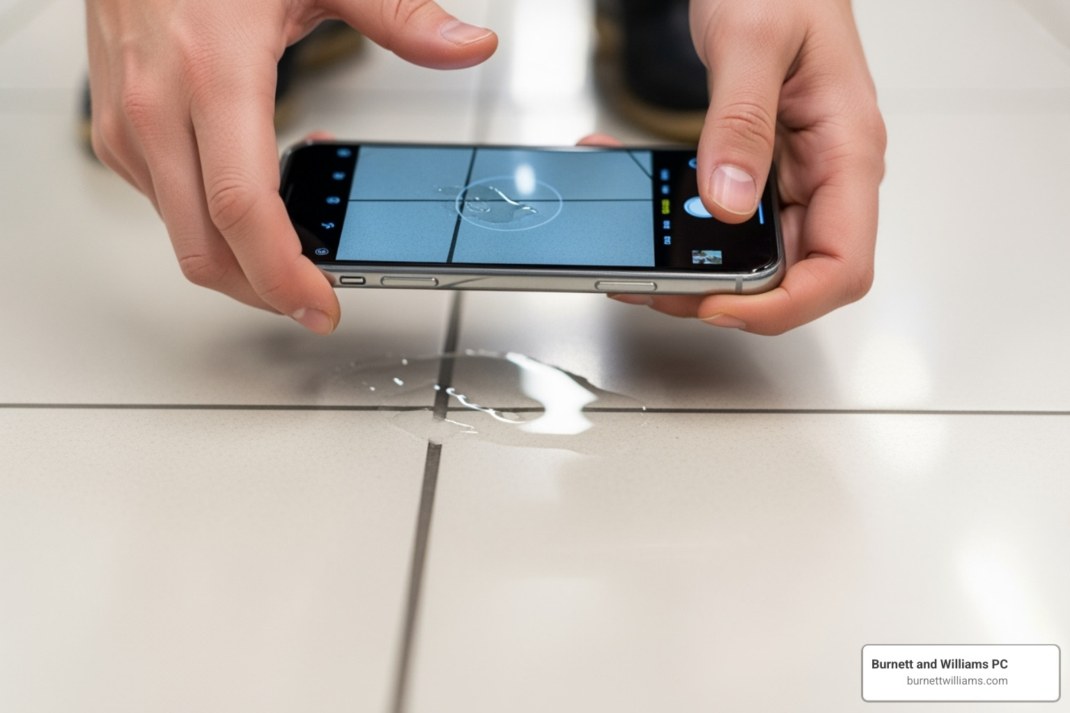 person taking a photo of a spill on the floor with their smartphone - Virginia slip and fall person taking a photo of a spill on the floor with their smartphone - Virginia slip and fall