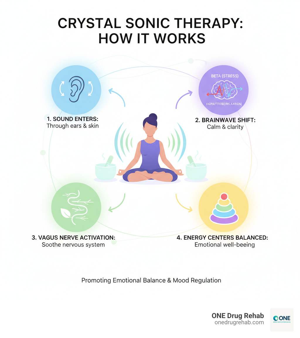 Infographic showing how crystal sonic therapy works: sound waves from crystal bowls enter the body through the ears and skin, travel to the brain to shift brainwave patterns from beta (stress) to alpha/theta (relaxation), activate the vagus nerve to calm the nervous system, and influence energy centers (chakras) to promote emotional balance and mood regulation - crystal sonic therapy for depression infographic Infographic showing how crystal sonic therapy works: sound waves from crystal bowls enter the body through the ears and skin, travel to the brain to shift brainwave patterns from beta (stress) to alpha/theta (relaxation), activate the vagus nerve to calm the nervous system, and influence energy centers (chakras) to promote emotional balance and mood regulation - crystal sonic therapy for depression infographic