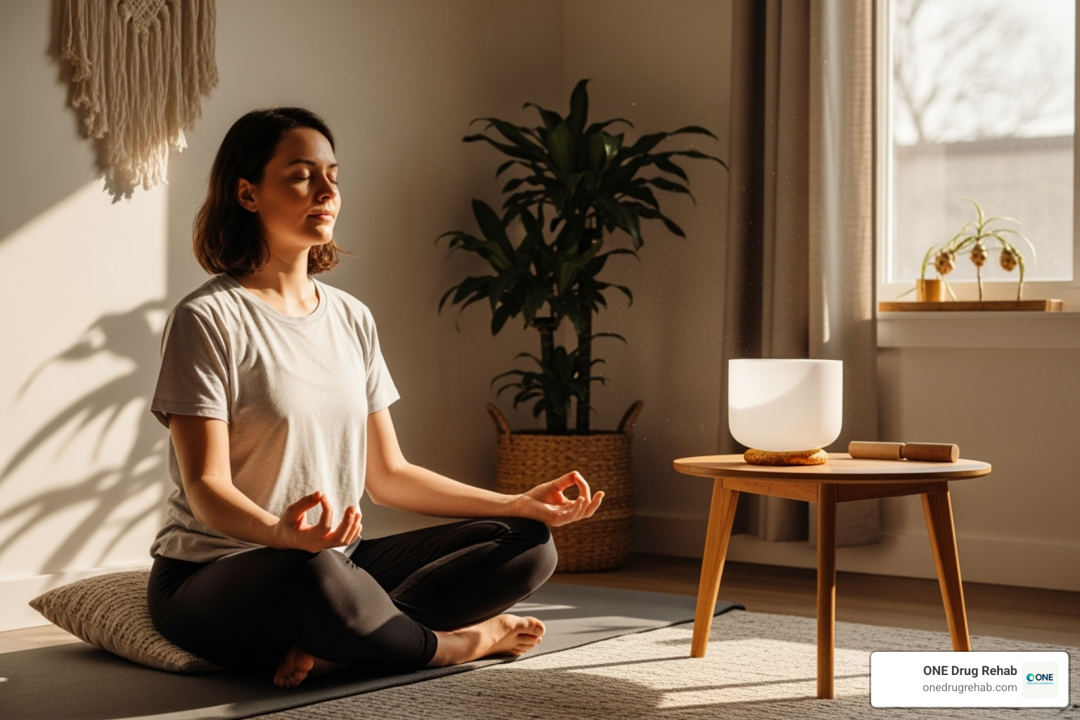 A person peacefully meditating with a single crystal bowl at home - crystal sonic therapy for depression A person peacefully meditating with a single crystal bowl at home - crystal sonic therapy for depression