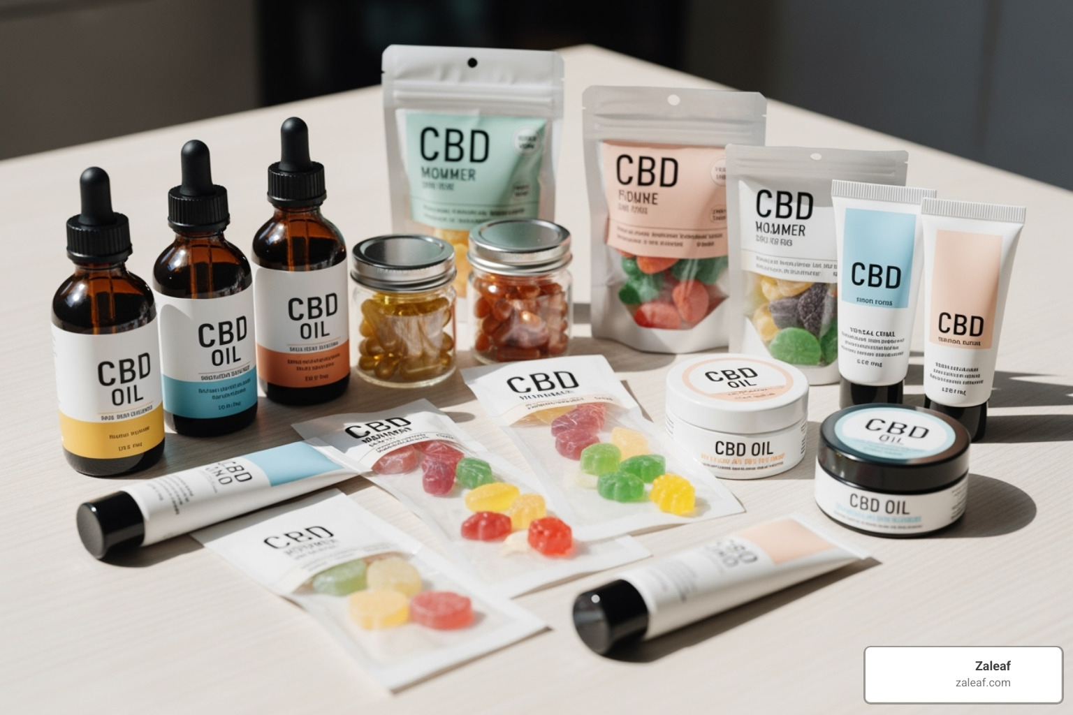 image of different Zaleaf CBD product types like oils, capsules, gummies, and topicals - cbd benefits