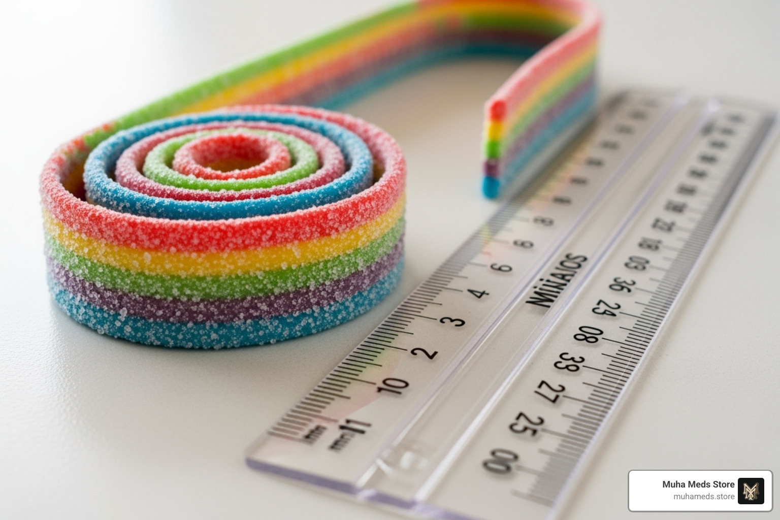 A single Chupa Chups Mini Belt THC Gummy next to a ruler for scale - buy Chupa Chups Mini Belts THC Edible - 600mg Sour Gummies