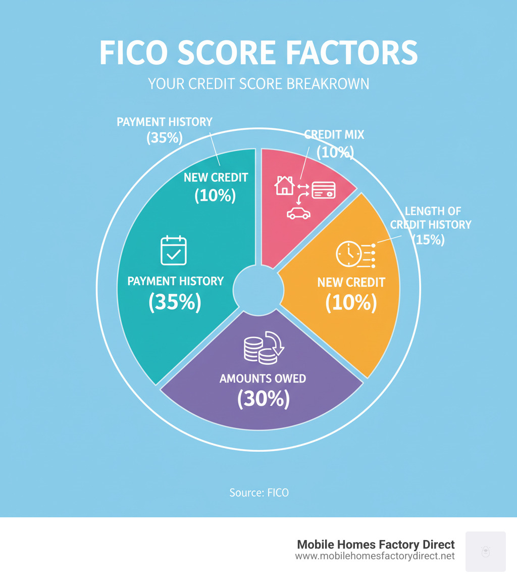 Infographic showing the five main FICO score factors: Payment History (35%), Amounts Owed (30%), Length of Credit History (15%), New Credit (10%), and Credit Mix (10%), with visual representations of each factor and their relative importance in credit scoring - Bad credit home purchase infographic  Infographic showing the five main FICO score factors: Payment History (35%), Amounts Owed (30%), Length of Credit History (15%), New Credit (10%), and Credit Mix (10%), with visual representations of each factor and their relative importance in credit scoring - Bad credit home purchase infographic