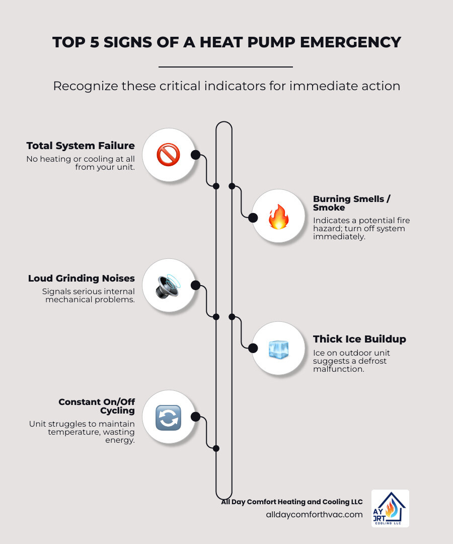 Infographic showing the top 5 signs of a heat pump emergency: complete system failure with no heating or cooling, burning electrical smells indicating fire hazard, loud grinding or screeching mechanical noises, thick ice buildup preventing proper operation, and constant on-off cycling wasting energy - emergency heat pump service independence infographic infographic-line-5-steps-neat_beige Infographic showing the top 5 signs of a heat pump emergency: complete system failure with no heating or cooling, burning electrical smells indicating fire hazard, loud grinding or screeching mechanical noises, thick ice buildup preventing proper operation, and constant on-off cycling wasting energy - emergency heat pump service independence infographic infographic-line-5-steps-neat_beige