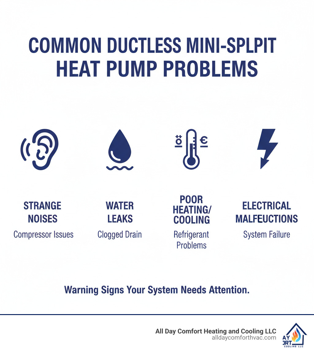Infographic showing common ductless mini split heat pump problems and their warning signs, including strange noises from compressor issues, water leaks from clogged drains, poor heating/cooling from refrigerant problems, and electrical malfunctions causing system failures - ductless mini split heat pump repair independence infographic  Infographic showing common ductless mini split heat pump problems and their warning signs, including strange noises from compressor issues, water leaks from clogged drains, poor heating/cooling from refrigerant problems, and electrical malfunctions causing system failures - ductless mini split heat pump repair independence infographic