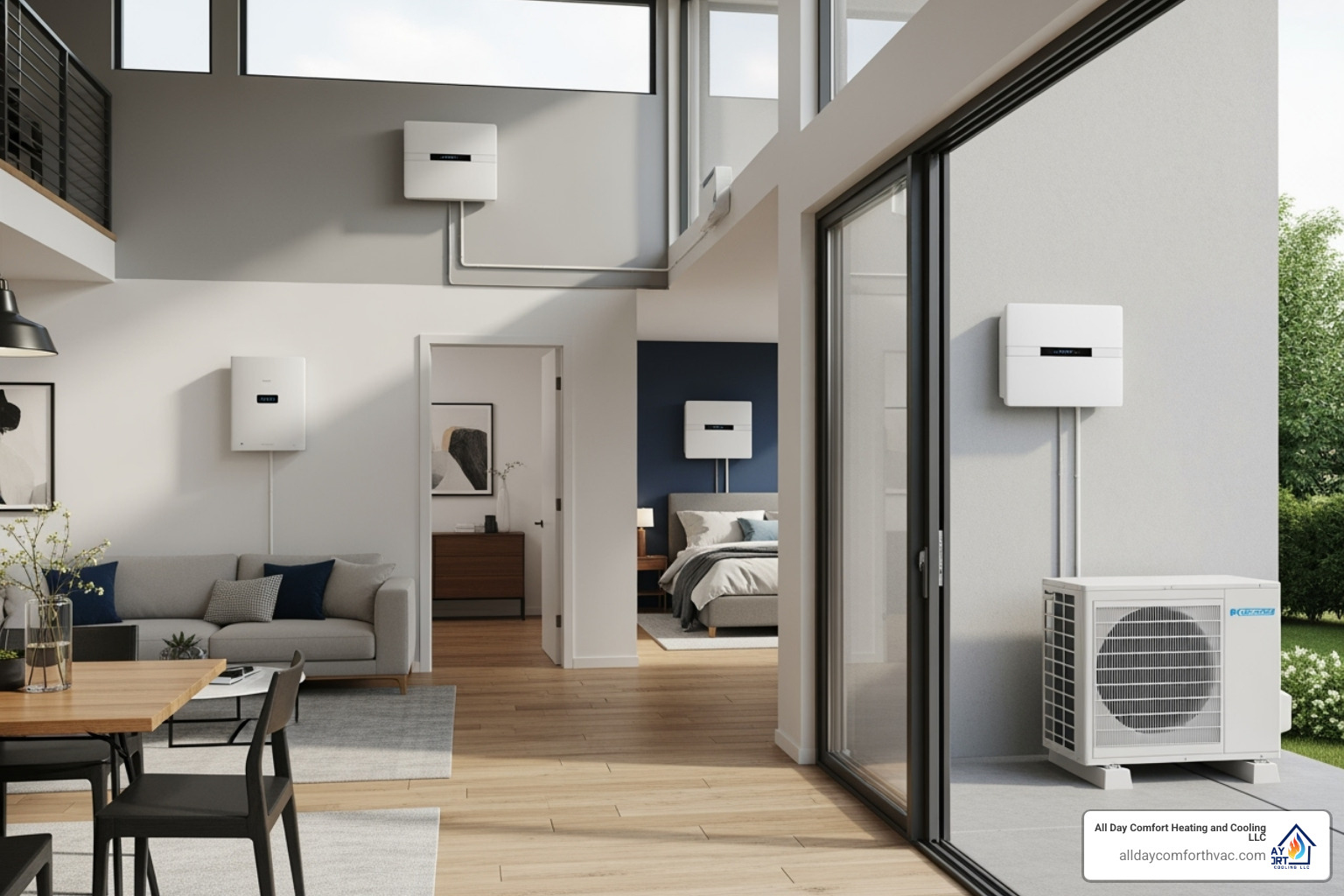 An image showing a multi-zone ductless mini-split setup with one outdoor unit connected to several sleek indoor units mounted on walls in different rooms of a modern home. - ductless heat pump install blue springs mo An image showing a multi-zone ductless mini-split setup with one outdoor unit connected to several sleek indoor units mounted on walls in different rooms of a modern home. - ductless heat pump install blue springs mo