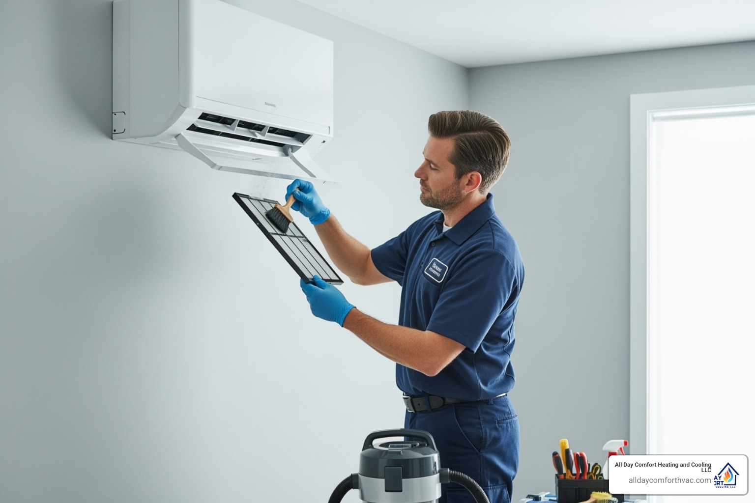 A professional HVAC technician wearing a uniform and gloves is diligently cleaning the filter of an indoor ductless mini-split unit. The unit is mounted on a wall in a clean, modern room, highlighting the importance of regular maintenance. - ductless heat pump install blue springs mo A professional HVAC technician wearing a uniform and gloves is diligently cleaning the filter of an indoor ductless mini-split unit. The unit is mounted on a wall in a clean, modern room, highlighting the importance of regular maintenance. - ductless heat pump install blue springs mo