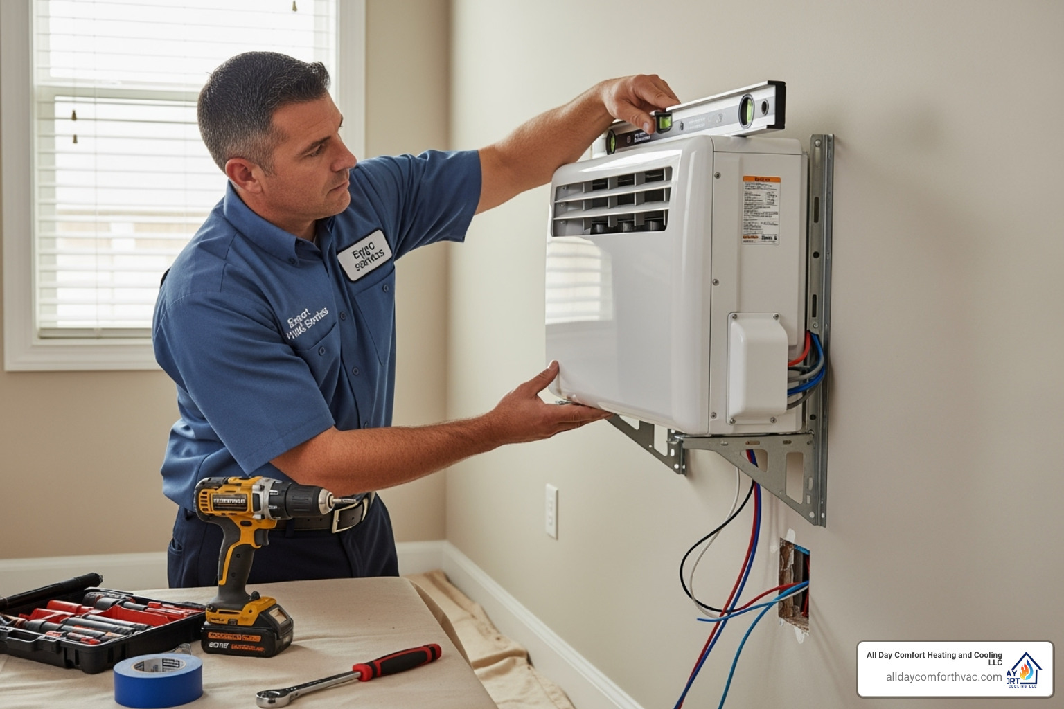 A professional HVAC technician is shown carefully installing an indoor ductless mini-split unit onto a wall inside a residential home. The technician wears a uniform and is focused on ensuring the unit is level and securely mounted, with tools visible nearby. - ductless heat pump install blue springs mo A professional HVAC technician is shown carefully installing an indoor ductless mini-split unit onto a wall inside a residential home. The technician wears a uniform and is focused on ensuring the unit is level and securely mounted, with tools visible nearby. - ductless heat pump install blue springs mo