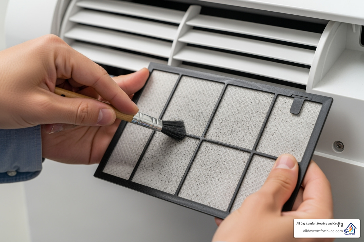 A person cleaning the filter of an indoor mini-split unit, demonstrating a simple DIY maintenance task. - ductless mini split heat pump repair independence A person cleaning the filter of an indoor mini-split unit, demonstrating a simple DIY maintenance task. - ductless mini split heat pump repair independence