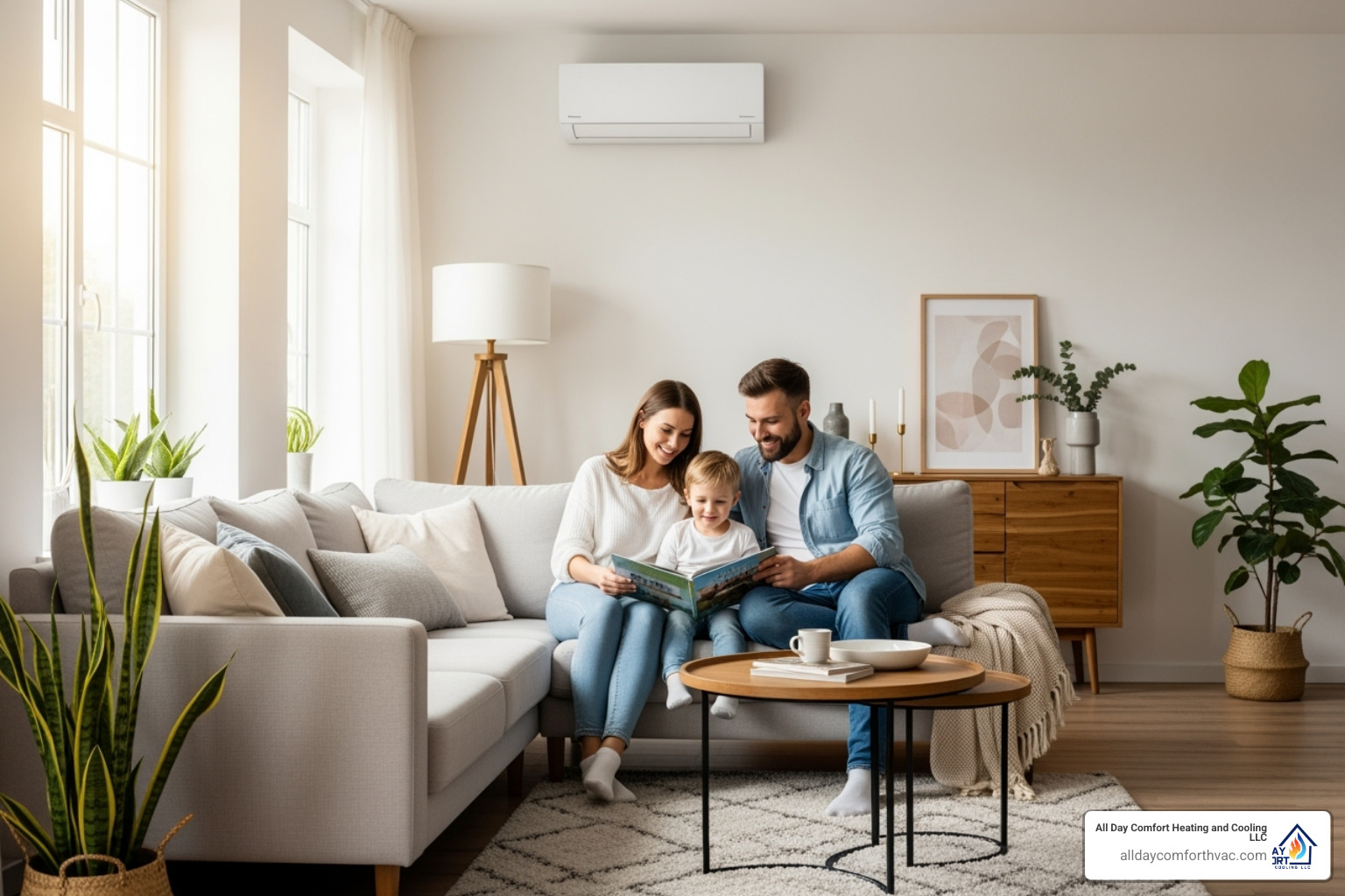 A happy family enjoying a comfortable, well-conditioned room with a sleek ductless unit subtly visible in the background. - ductless mini split heat pump repair independence A happy family enjoying a comfortable, well-conditioned room with a sleek ductless unit subtly visible in the background. - ductless mini split heat pump repair independence