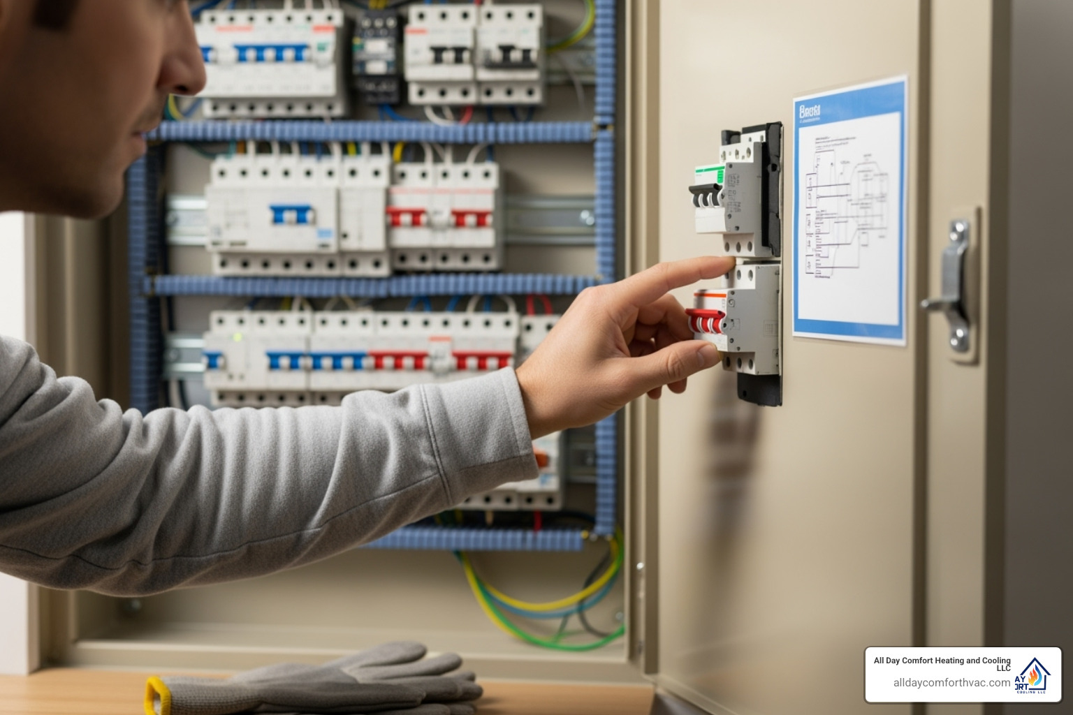 a homeowner safely turning off a circuit breaker - emergency heat pump service independence a homeowner safely turning off a circuit breaker - emergency heat pump service independence