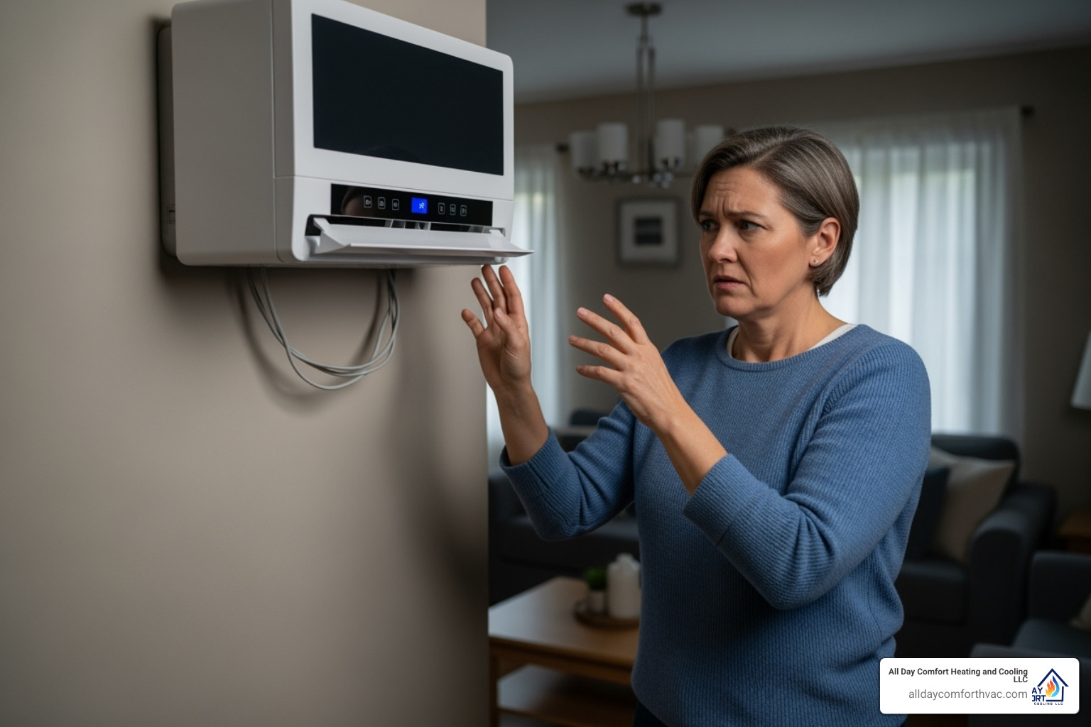 A homeowner looking concerned at a non-working mini-split unit, with a thought bubble above their head indicating frustration. - ductless mini split heat pump repair independence A homeowner looking concerned at a non-working mini-split unit, with a thought bubble above their head indicating frustration. - ductless mini split heat pump repair independence