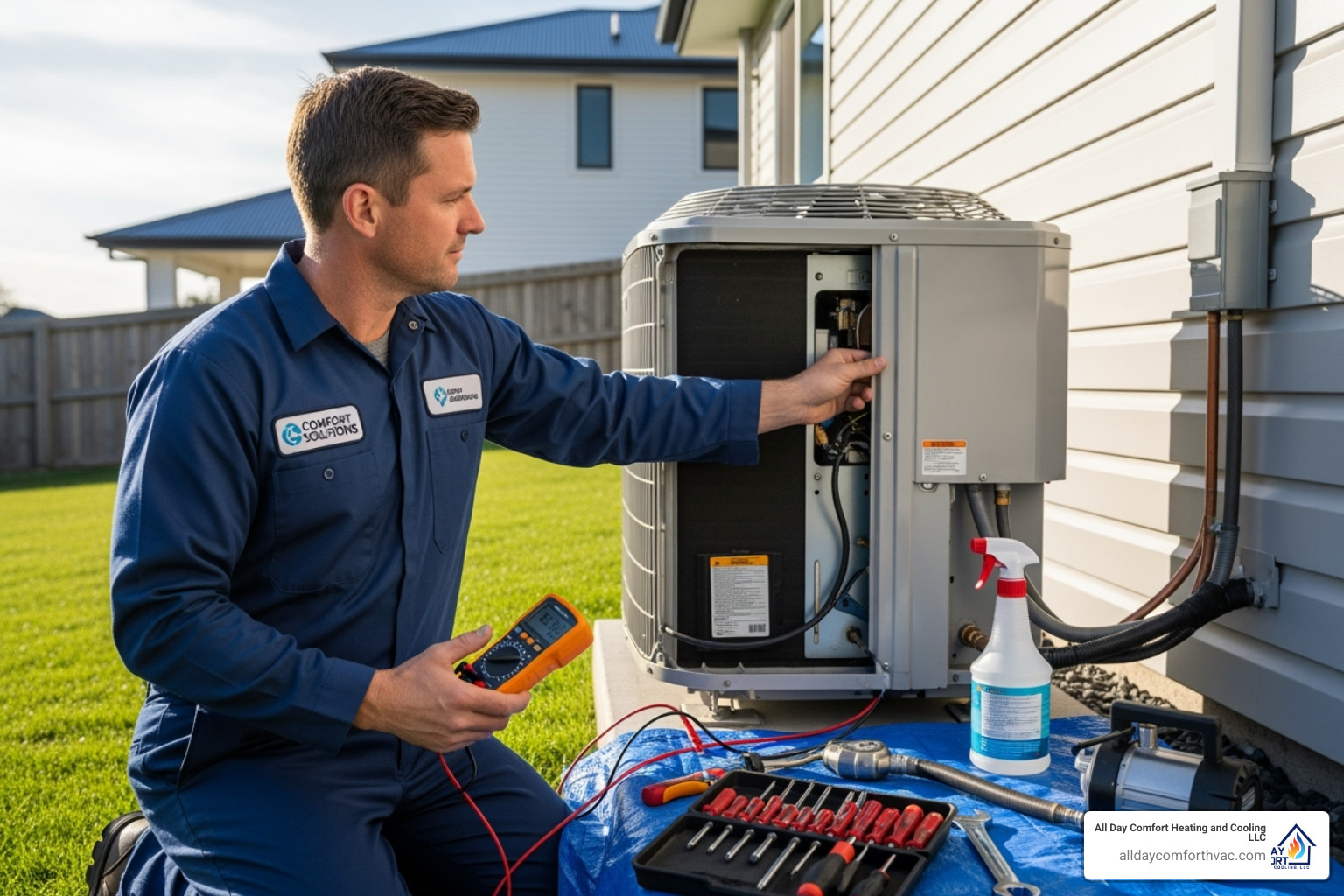 a technician performing maintenance on a heat pump - emergency heat pump service independence a technician performing maintenance on a heat pump - emergency heat pump service independence
