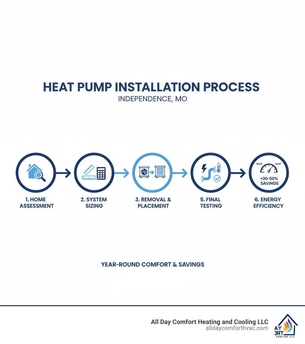 Comprehensive infographic showing heat pump installation process in Independence MO, including home assessment, system sizing calculations, removal of old HVAC equipment, placement of outdoor and indoor units, electrical connections, refrigerant lines, and final system testing with energy efficiency ratings - heat pump install independence mo infographic  Comprehensive infographic showing heat pump installation process in Independence MO, including home assessment, system sizing calculations, removal of old HVAC equipment, placement of outdoor and indoor units, electrical connections, refrigerant lines, and final system testing with energy efficiency ratings - heat pump install independence mo infographic