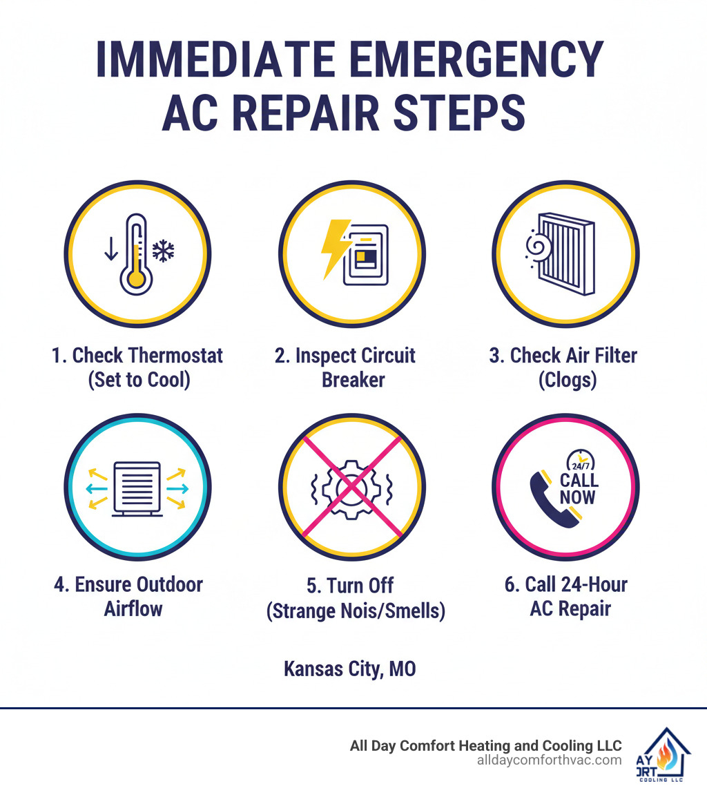Infographic showing immediate emergency AC repair steps: 1. Check thermostat settings and ensure it's set to cool, 2. Inspect circuit breaker for tripped switches, 3. Check air filter for clogs, 4. Ensure outdoor unit has clear airflow, 5. Turn off system if strange noises or burning smells occur, 6. Call 24-hour emergency AC repair service immediately - 24 hour ac repair kansas city mo infographic  Infographic showing immediate emergency AC repair steps: 1. Check thermostat settings and ensure it's set to cool, 2. Inspect circuit breaker for tripped switches, 3. Check air filter for clogs, 4. Ensure outdoor unit has clear airflow, 5. Turn off system if strange noises or burning smells occur, 6. Call 24-hour emergency AC repair service immediately - 24 hour ac repair kansas city mo infographic