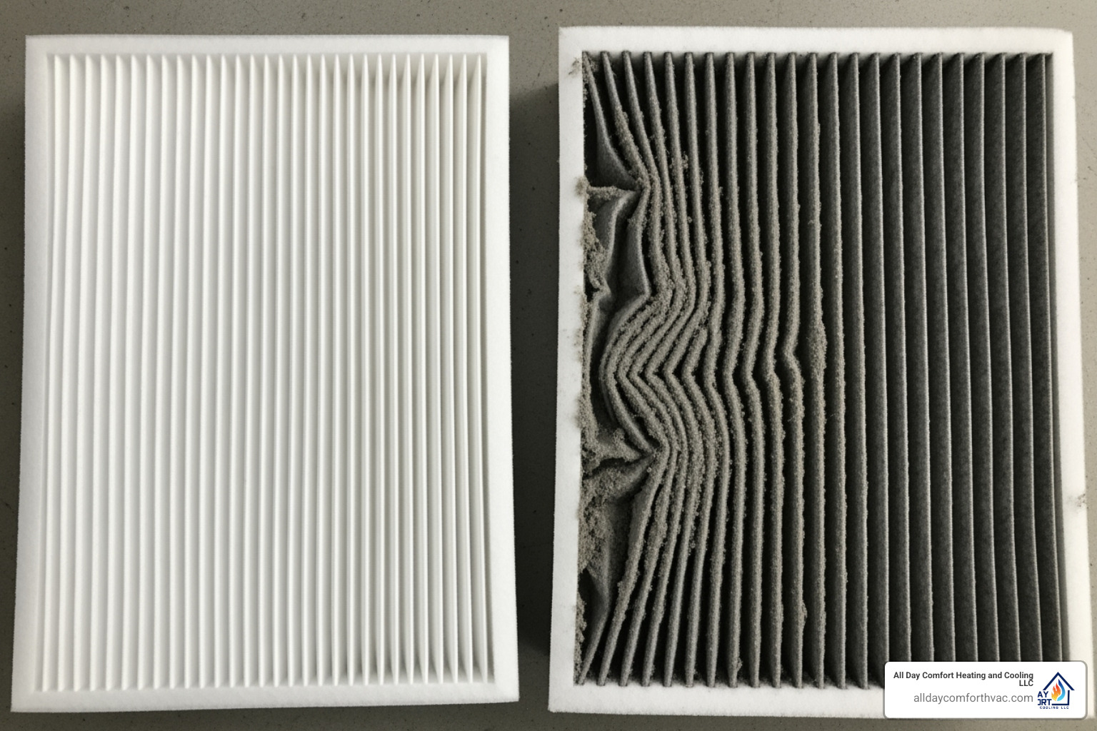 a clean HVAC air filter next to a dirty one - heater maintenance and repair kansas city mo a clean HVAC air filter next to a dirty one - heater maintenance and repair kansas city mo