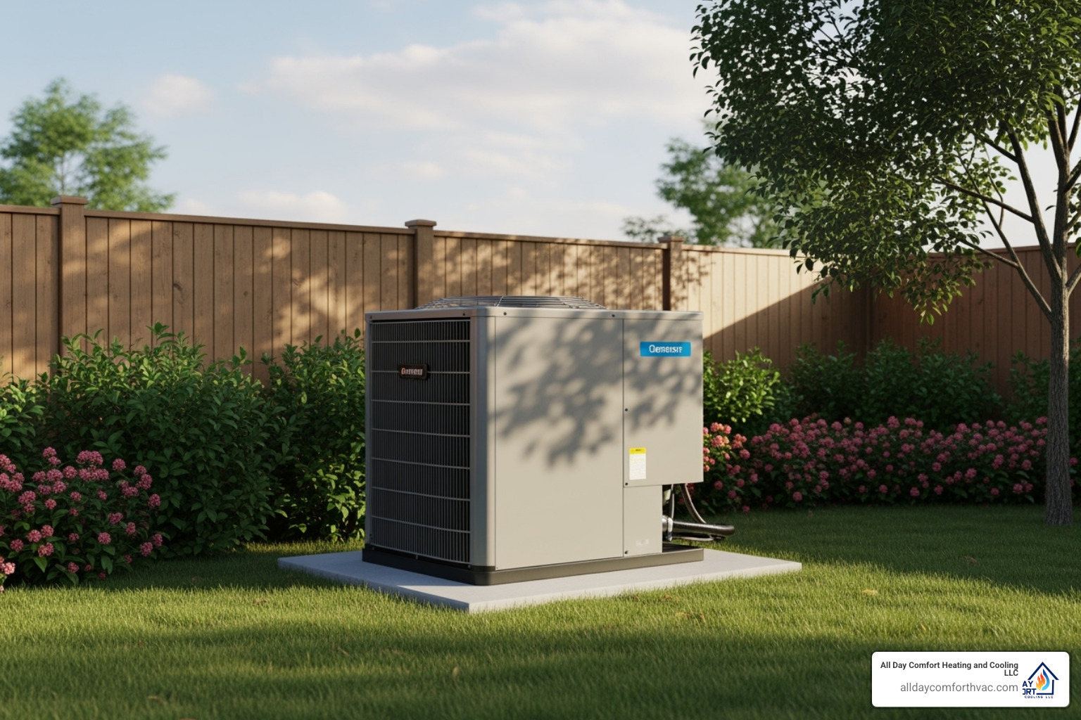 A modern, energy-efficient outdoor AC unit nestled in a residential backyard - ac maintenance independence mo A modern, energy-efficient outdoor AC unit nestled in a residential backyard - ac maintenance independence mo