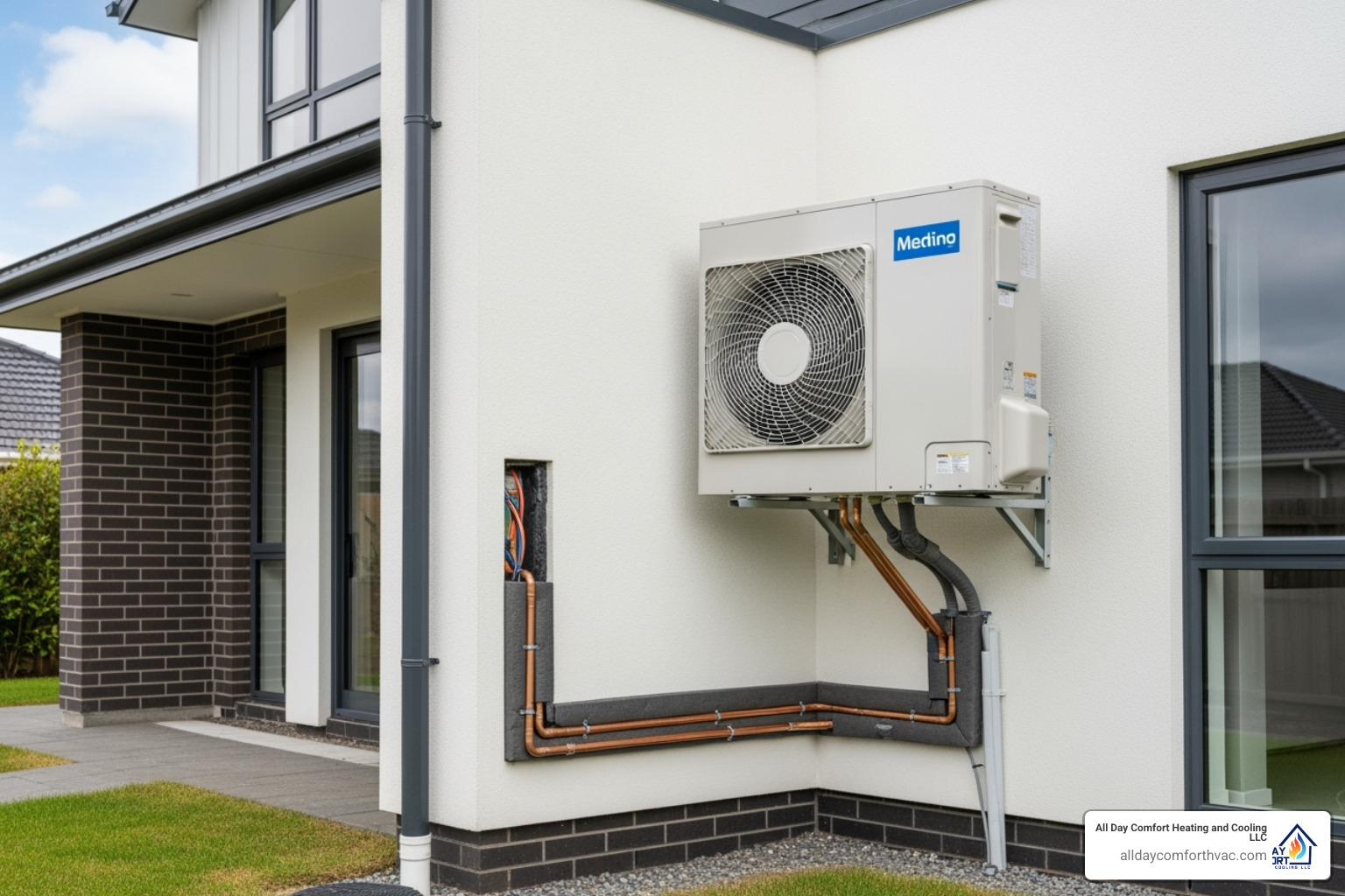 clean, professional heat pump installation on the side of a house - heat pump install independence mo clean, professional heat pump installation on the side of a house - heat pump install independence mo