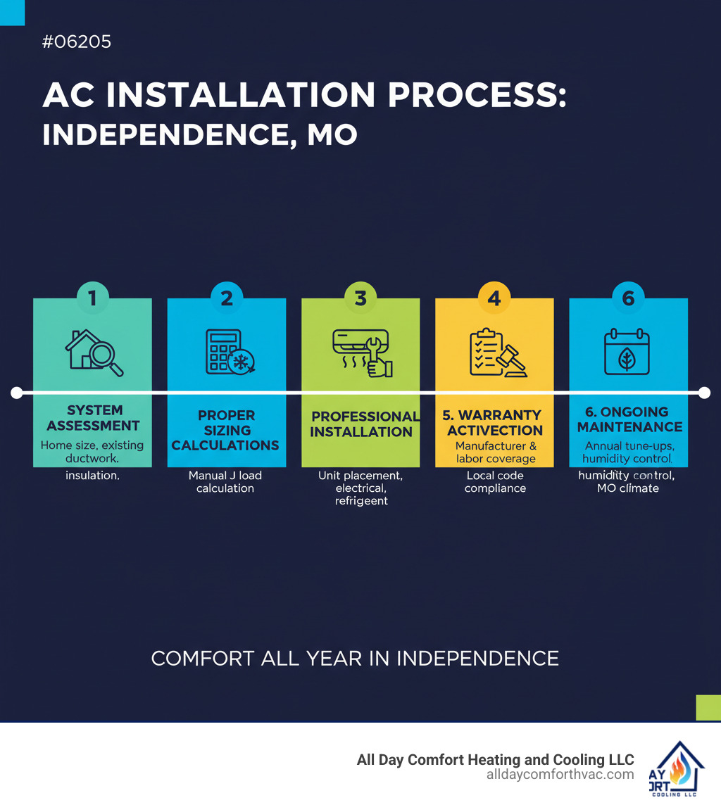 Comprehensive infographic showing the AC installation process in Independence MO, including system assessment, proper sizing calculations, professional installation steps, permits and inspections, warranty activation, and ongoing maintenance schedule with local climate considerations - ac installation independence mo infographic  Comprehensive infographic showing the AC installation process in Independence MO, including system assessment, proper sizing calculations, professional installation steps, permits and inspections, warranty activation, and ongoing maintenance schedule with local climate considerations - ac installation independence mo infographic
