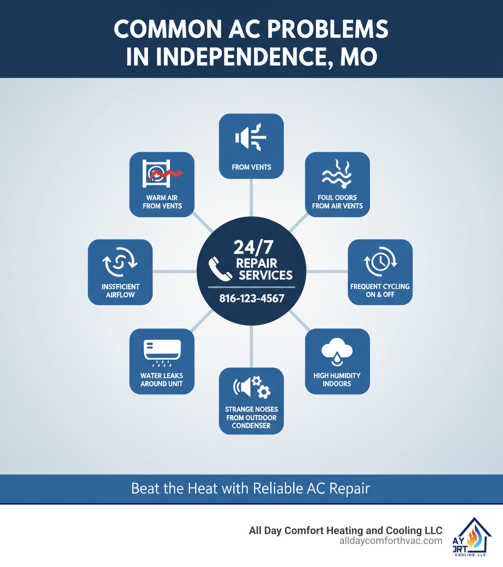 Comprehensive infographic showing common AC problems in Independence MO including warm air from vents, insufficient airflow, water leaks around unit, strange noises from outdoor condenser, high humidity indoors, foul odors from air vents, frequent cycling on and off, and emergency contact information for 24/7 repair services - ac repair independence mo infographic  Comprehensive infographic showing common AC problems in Independence MO including warm air from vents, insufficient airflow, water leaks around unit, strange noises from outdoor condenser, high humidity indoors, foul odors from air vents, frequent cycling on and off, and emergency contact information for 24/7 repair services - ac repair independence mo infographic