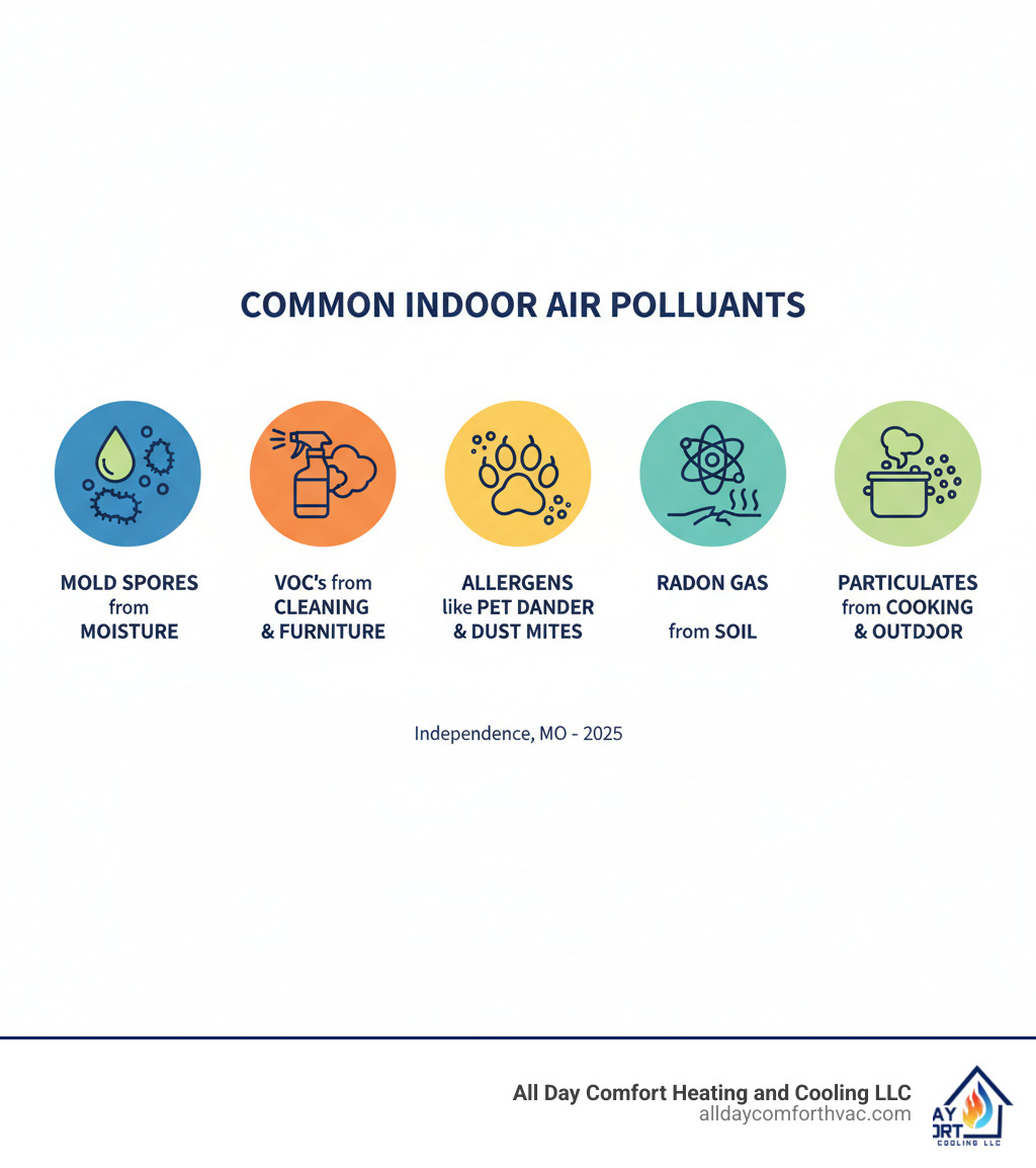 infographic showing common indoor air pollutants including mold spores from moisture, VOCs from cleaning products and furniture, allergens like pet dander and dust mites, radon gas from soil, and particulates from cooking and outdoor sources - indoor air quality testing independence mo infographic  infographic showing common indoor air pollutants including mold spores from moisture, VOCs from cleaning products and furniture, allergens like pet dander and dust mites, radon gas from soil, and particulates from cooking and outdoor sources - indoor air quality testing independence mo infographic