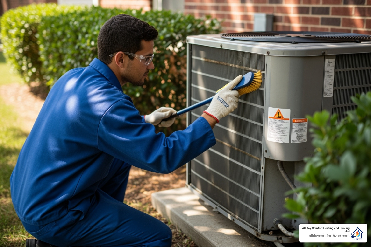 A skilled HVAC technician cleaning an AC condenser coil with a brush, ensuring optimal airflow and efficiency - ac maintenance independence mo A skilled HVAC technician cleaning an AC condenser coil with a brush, ensuring optimal airflow and efficiency - ac maintenance independence mo
