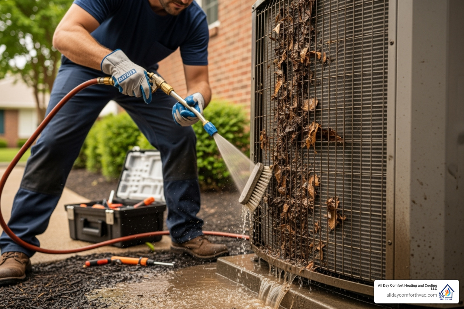 A technician cleaning a dirty outdoor AC unit - 24 hour ac repair kansas city mo A technician cleaning a dirty outdoor AC unit - 24 hour ac repair kansas city mo