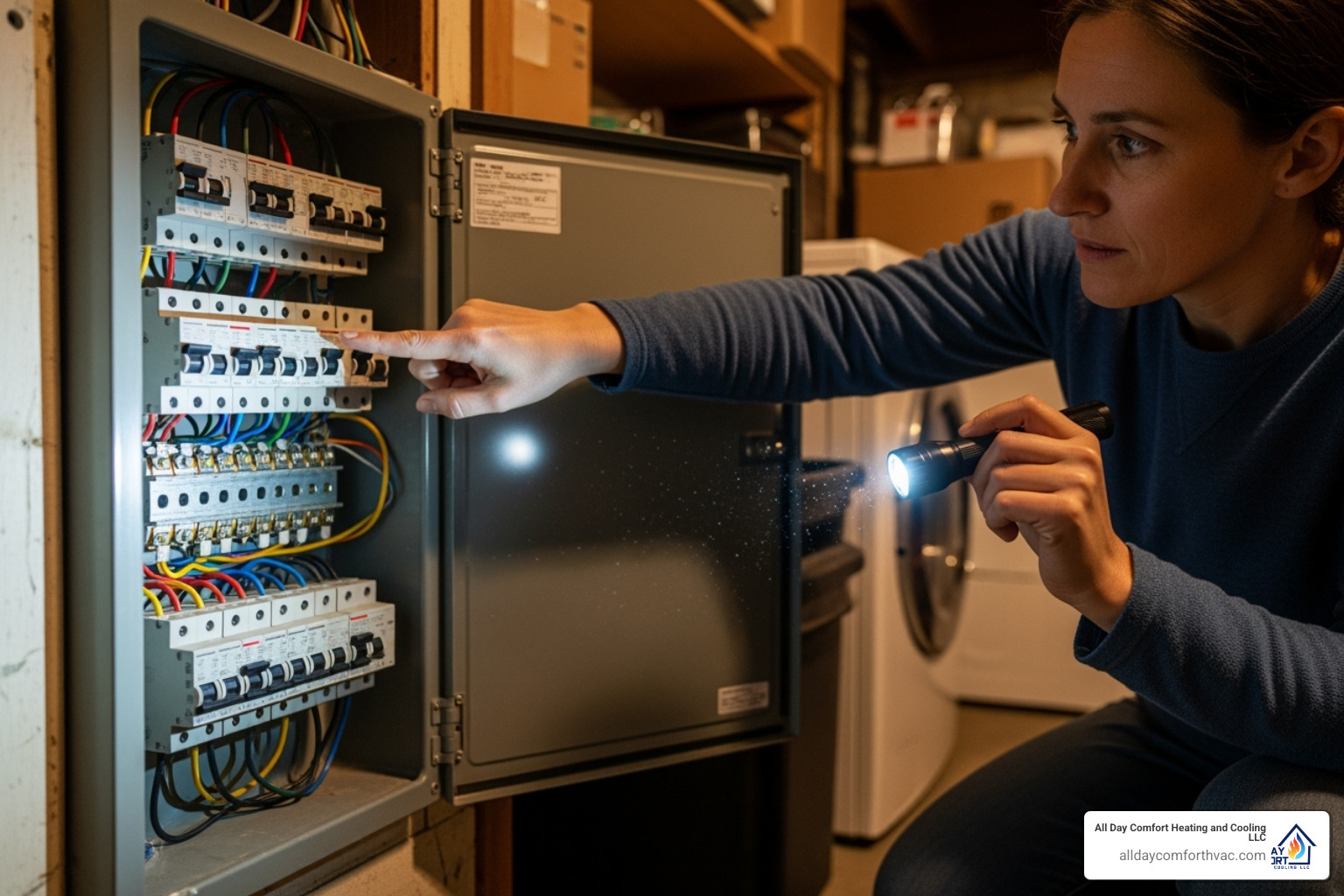 A homeowner checking their circuit breaker panel - 24 hour ac repair kansas city mo A homeowner checking their circuit breaker panel - 24 hour ac repair kansas city mo