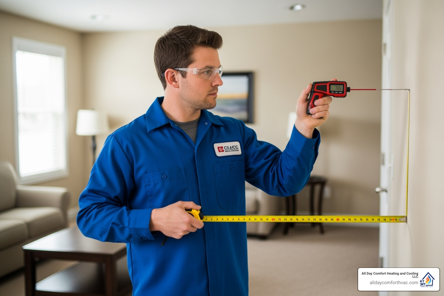 Technician measuring a room for AC sizing - ac installation independence mo Technician measuring a room for AC sizing - ac installation independence mo