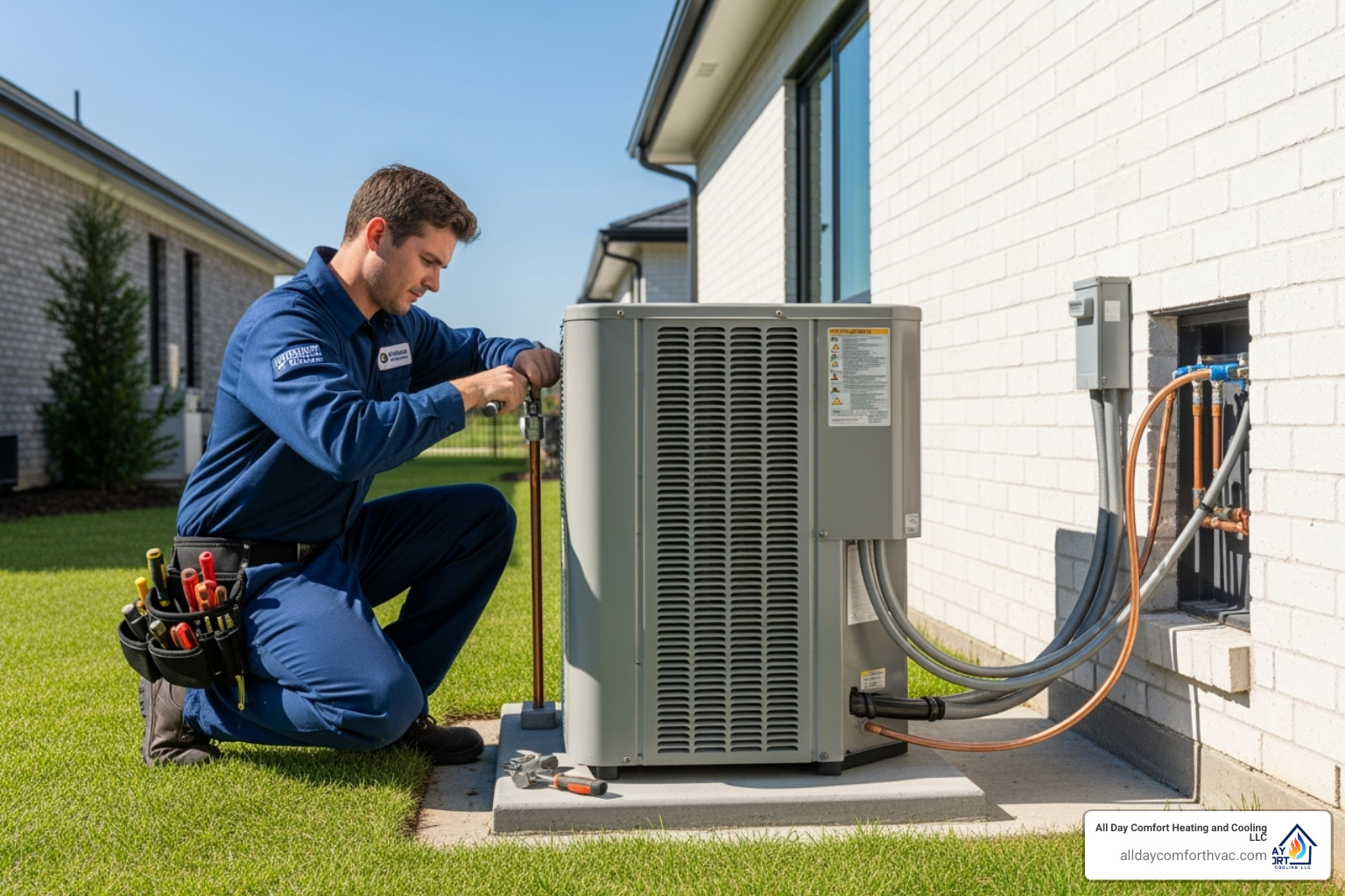 Professional technician neatly installing an outdoor AC unit - ac installation independence mo Professional technician neatly installing an outdoor AC unit - ac installation independence mo