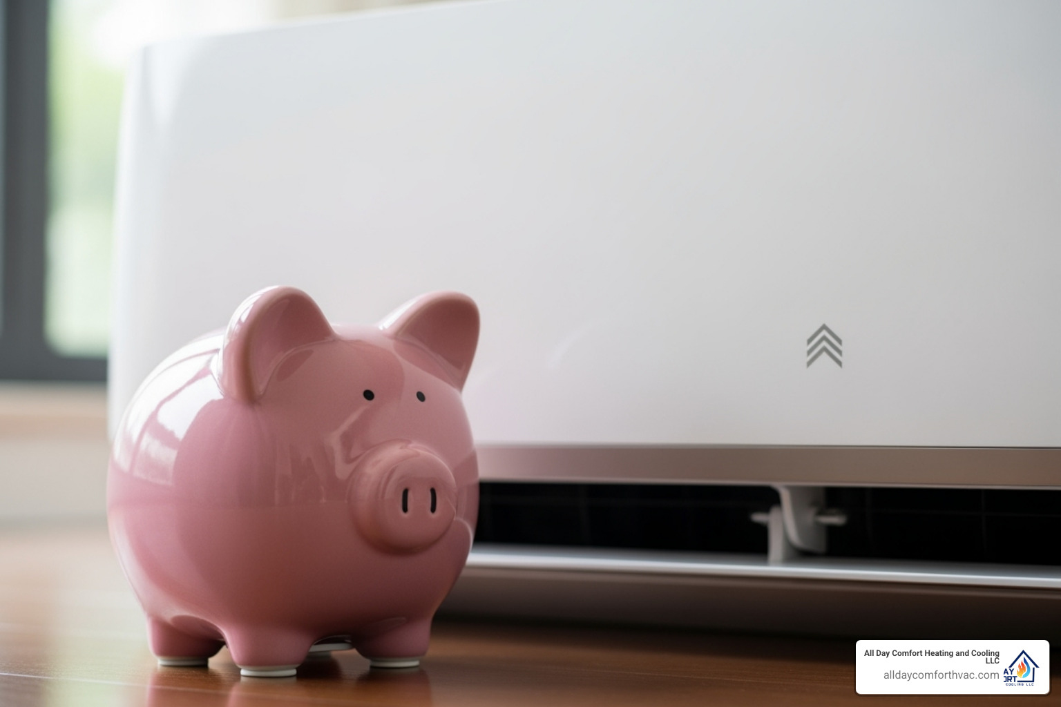 Piggy bank next to an energy-efficient AC unit logo - ac installation independence mo Piggy bank next to an energy-efficient AC unit logo - ac installation independence mo